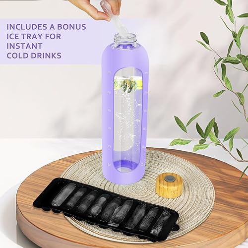 Miniatura 4 de Botellas de agua de vidrio de 32 onzas, botella de agua motivacional de vidrio con funda de silicona, popote y 2 tapas de bambú, vaso de admisión