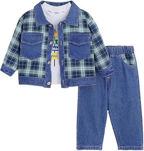 Hopscotch Boys 3-Pc Checkered Denim Jeans Set in Blue Color