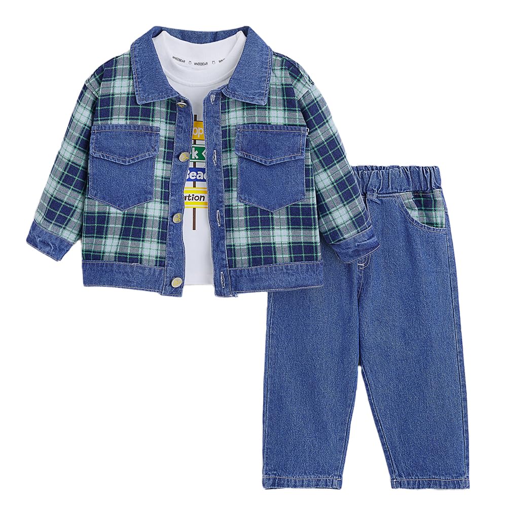 Boys 3-Pc Checkered Denim Jeans Set in Blue Color-image-45