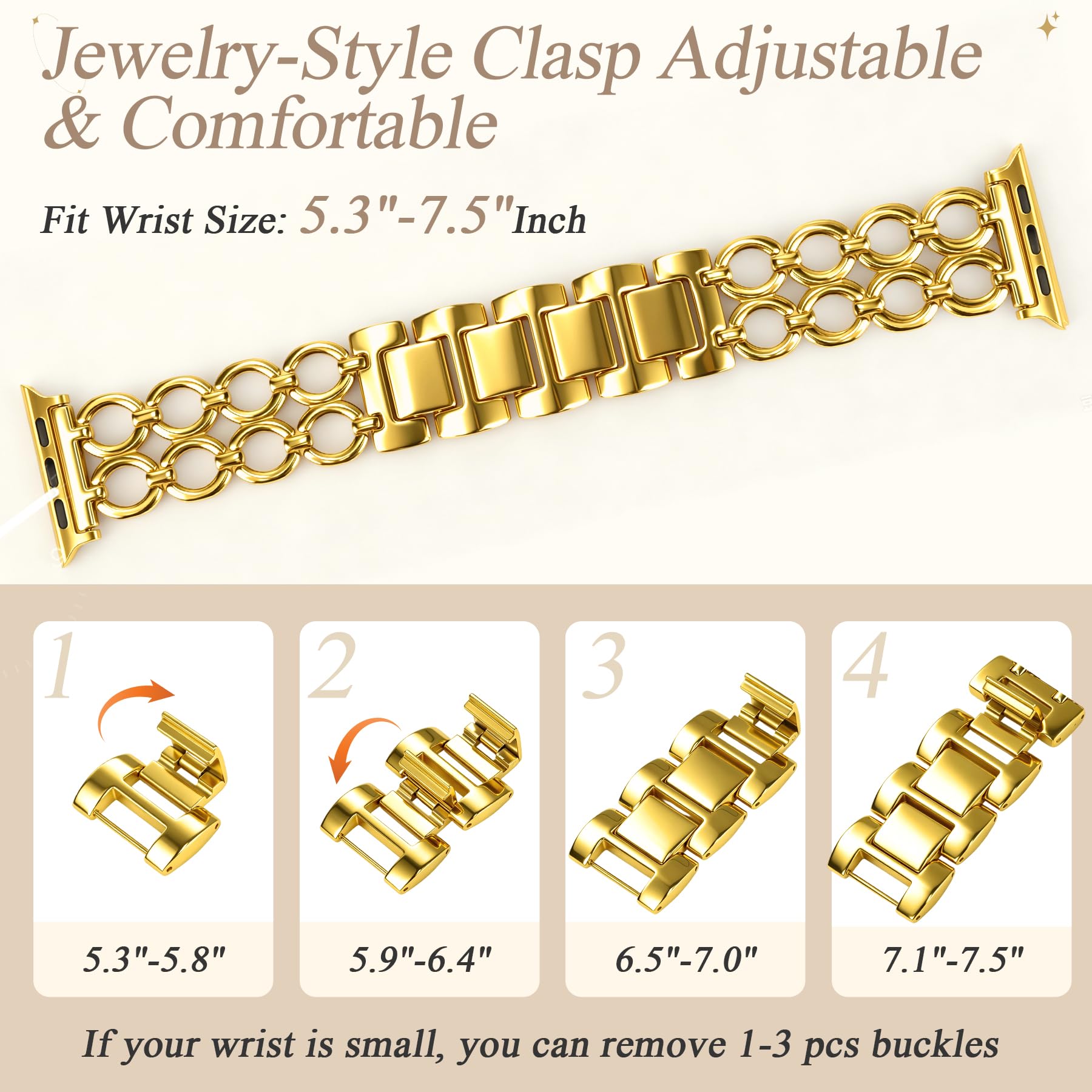 JR.DM Bracelets dorés pour femme compatibles avec Apple Watch 38/40/41/42/44/45/46/49 mm, bracelet habillé réglable en acier inoxydable, double chaîne pour iWatch Series 11/10/9/8/7/6/5/4/3/2/1/SE