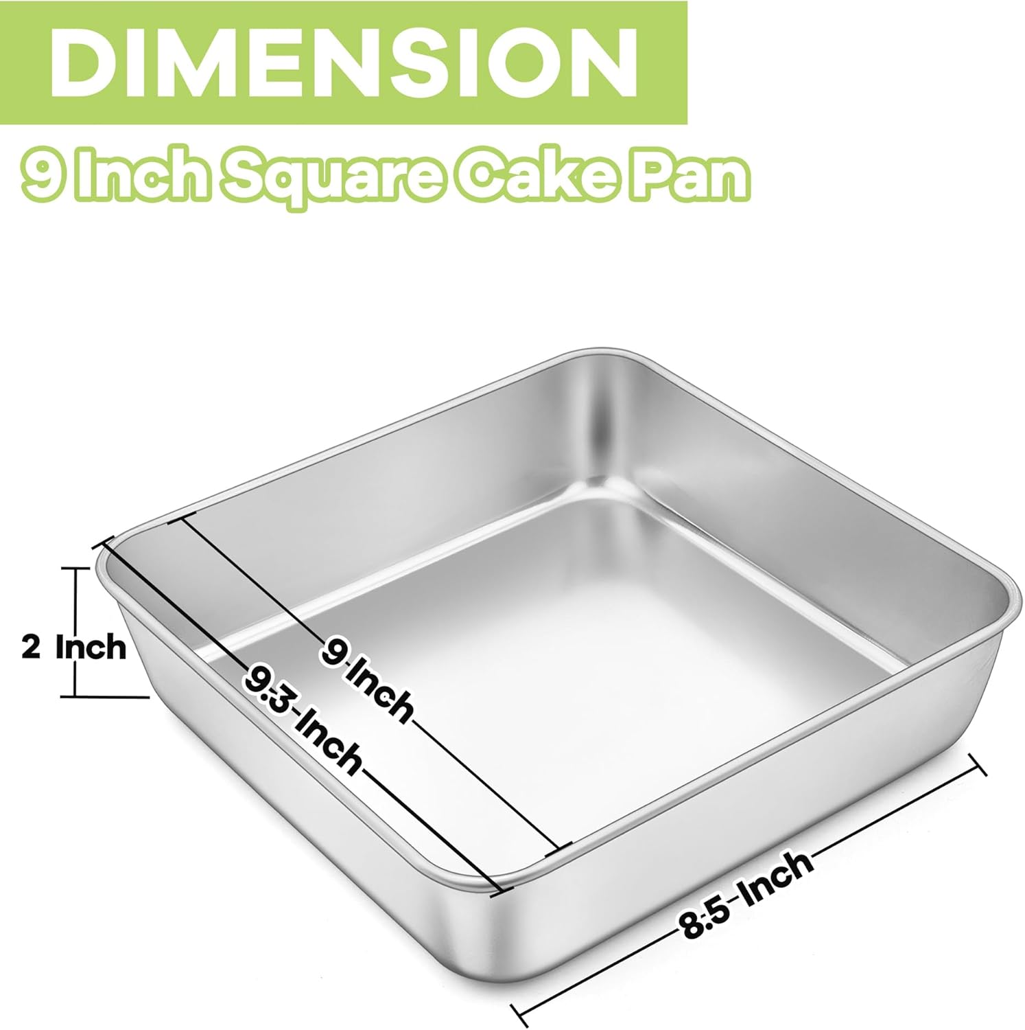 TeamFar Square Cake Pan, 9 Inch Stainless Steel Square Baking Roasting Pan for Cake Brownie Lasagna, Non-Toxic & Heavy Duty, One Piece Design & Smooth, Dishwasher Safe & Easy Clean - Image 2