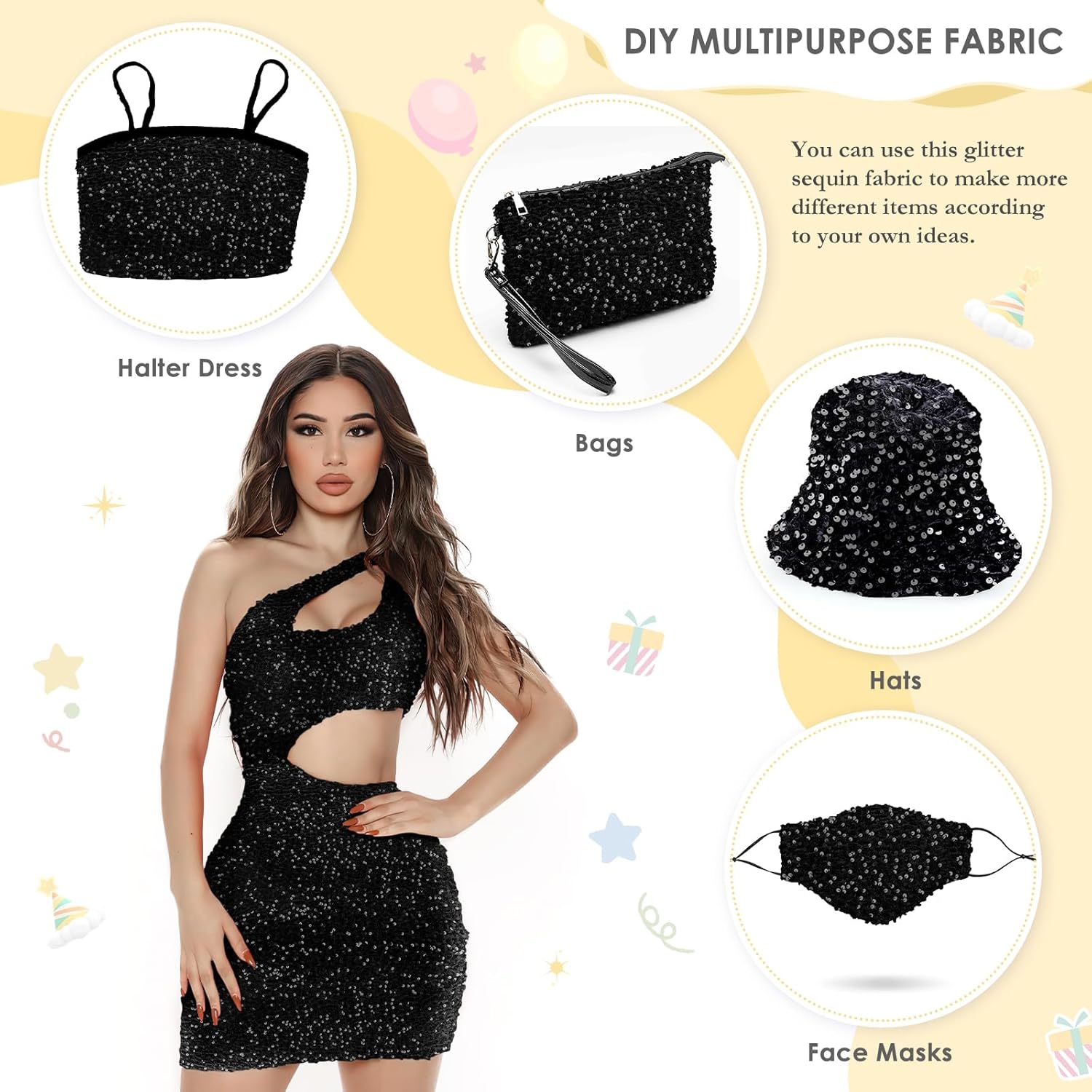 Black Sequin Fabric 5 Yards Stretch Sequin Velvet Fabric by The Yard Glitter Upholstery Fabric Sparkling Material for Sewing DIY Costumes Crafts Gowns Dresses Skirts