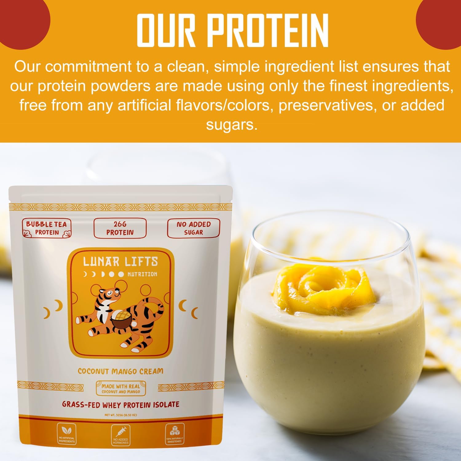 Lunar Lifts Nutrition Coconut Mango Cream - Boba Tea Whey Protein Isolate | 26 Grams Grass-fed Whey Isolate Protein per Serving Protein Powder | No Added Sugars or Artificial Ingredients Protein Shake