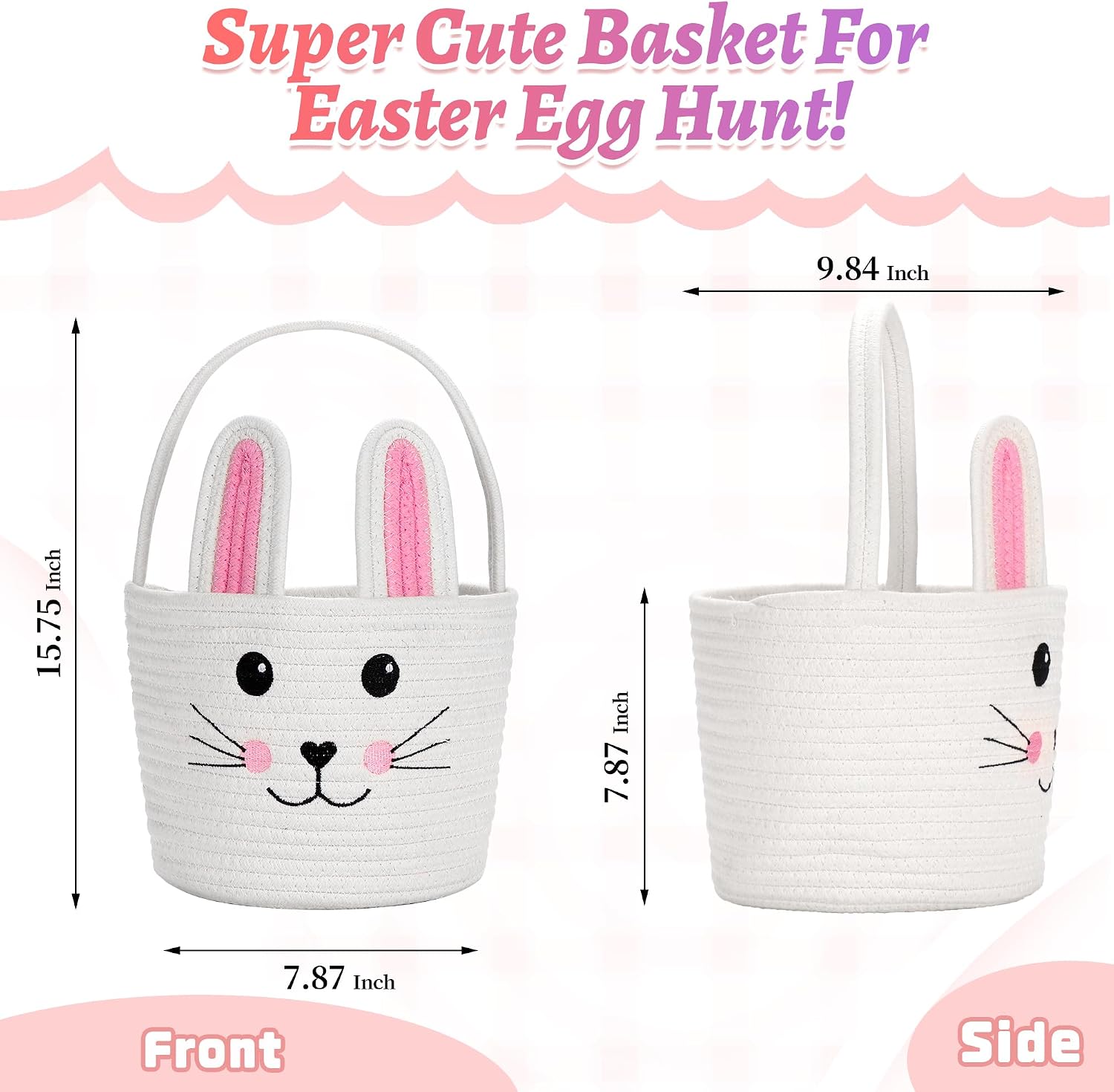 Easter Baskets for Kids Cute Bunny Egg Hunt Basket Bags with Bunny Ears Headband Bow Tie Tail Set (Pink)