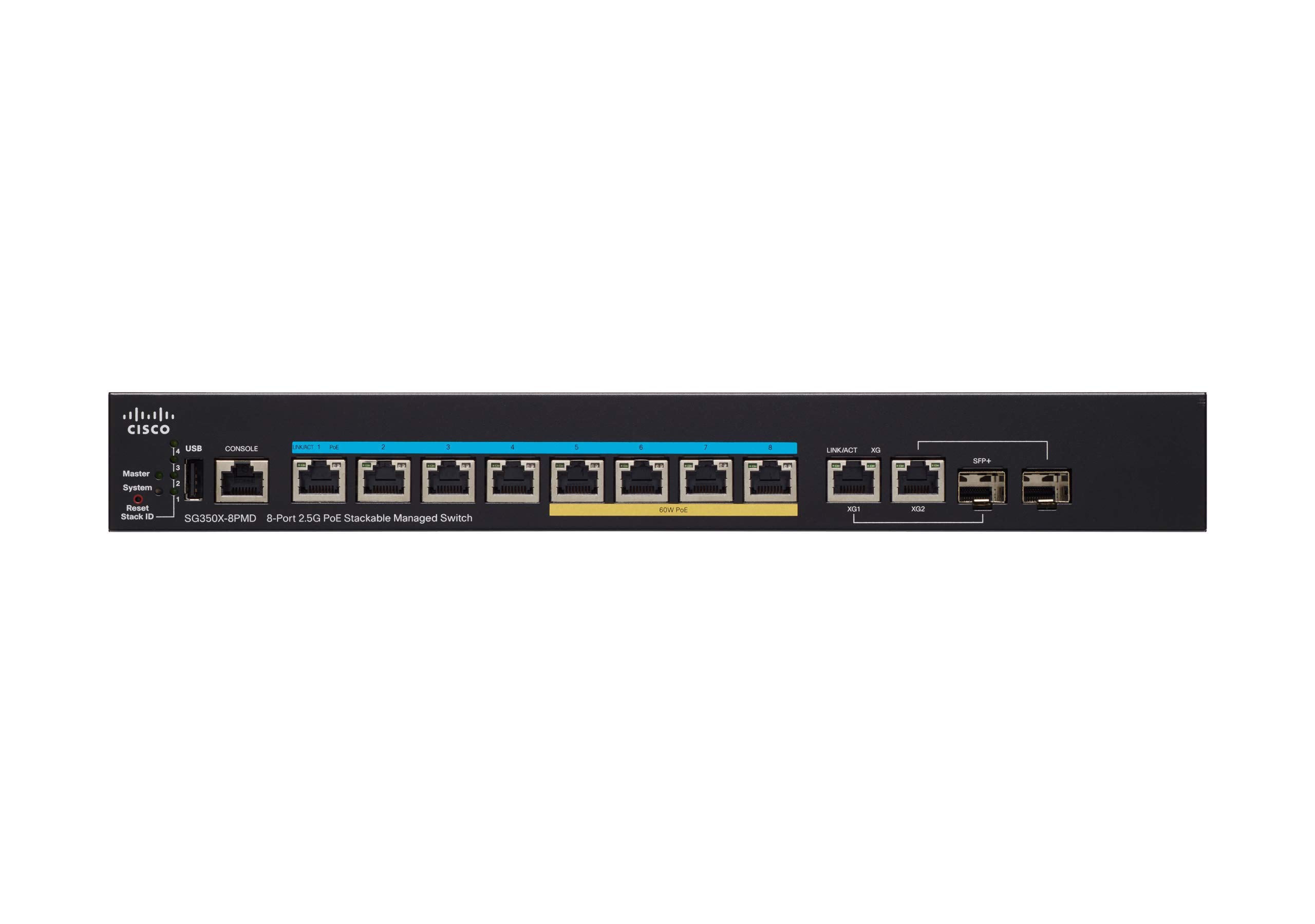 Cisco Systems SG350X-8PMD Stackable Managed Switch mit 8 x 2,5G-Multigigabit-Ports Plus 240-W-PoE, 2 x 10G Combo SFP+, eingeschränkter lebenslanger Schutz (SG350X-8PMD-K9-EU) SG350-8PMD Schwarz