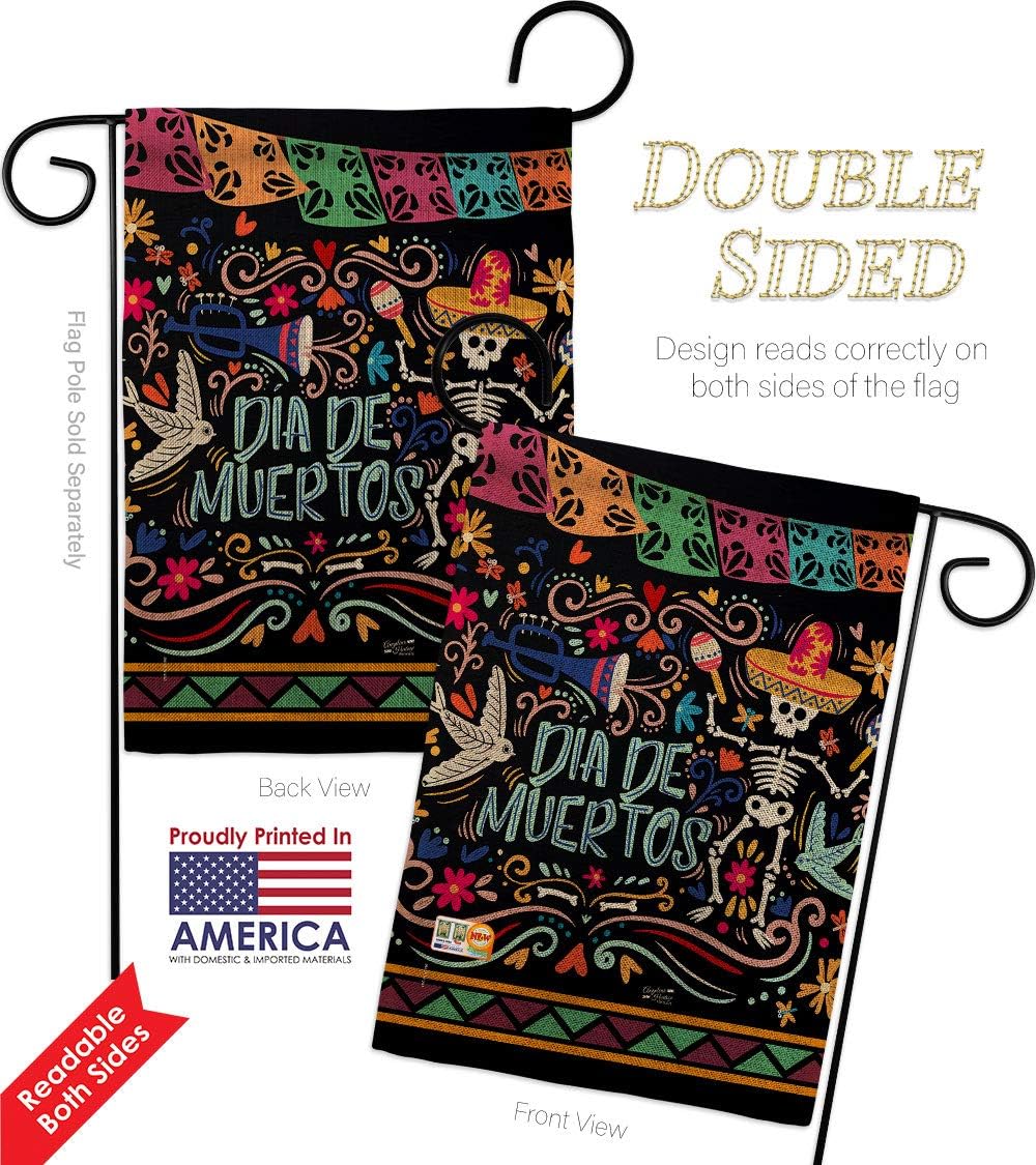 Colorful Dia de Muertos Burlap Garden Flag Falltime Day of Dead Los Fiesta Mexican Party Autumntime Small Decorative Gift Yard House Banner Double-Sided Made In USA 13 X 18.5