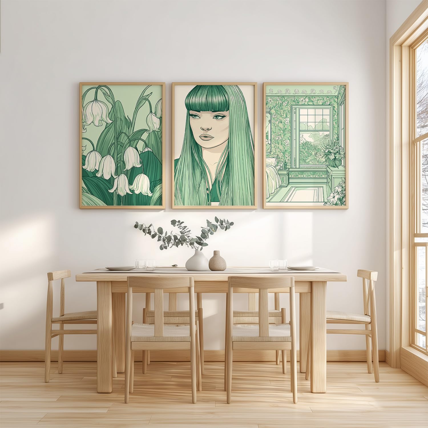 3 szt. Szałwia zielona dekoracja ścienna - plakat anime do salonu, sypialni, łazienki, toalety, dziewczyny z zielonymi włosami lilie ptaki obrazy na płótnie, obrazy do domu sztuka dekoracyjna