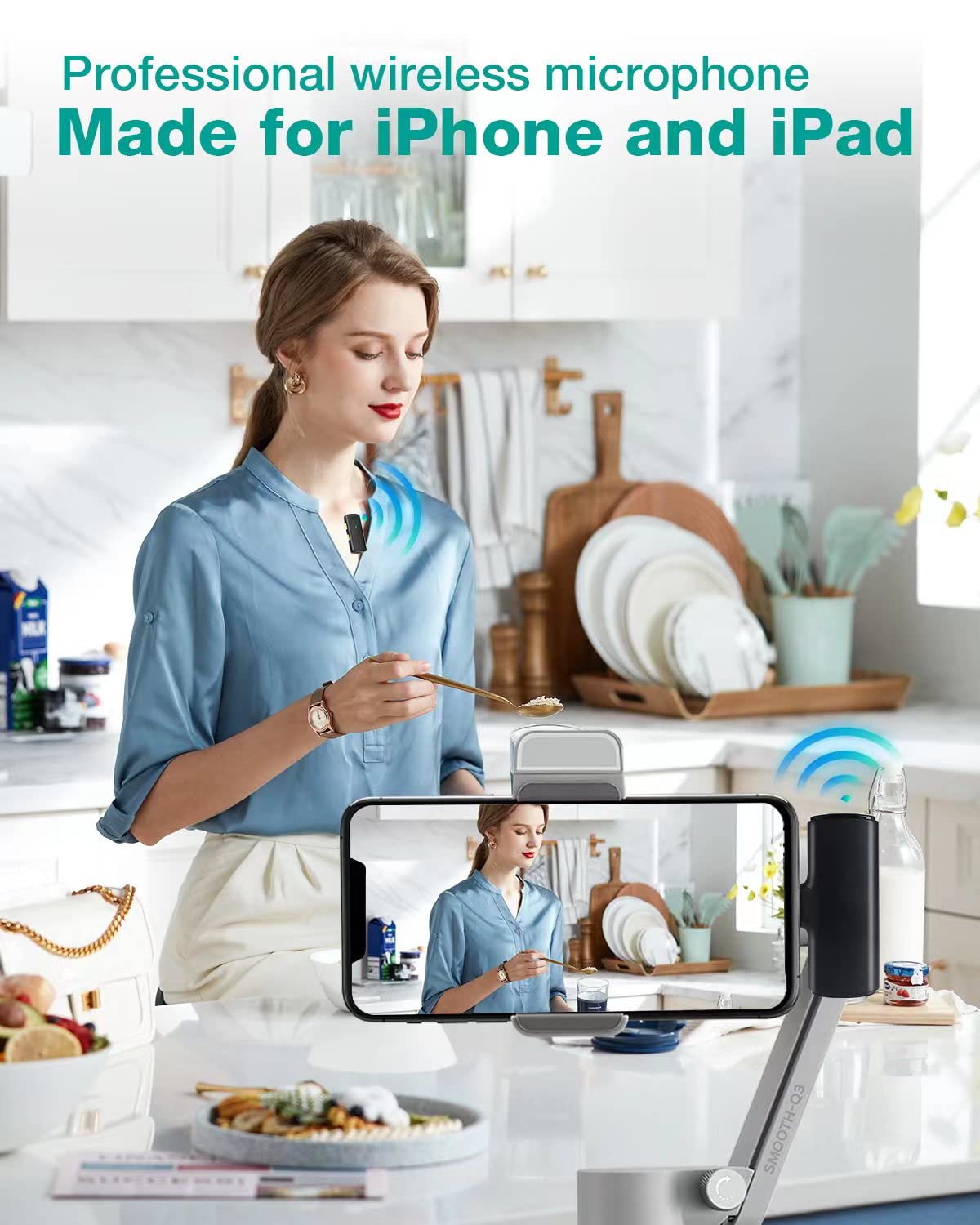 K10 - Microfono lavalier wireless per iPhone, iPad, iPhone, cancellazione del rumore, microfono da bavero con 2 mini microfoni, microfono Lav per YouTube, Facebook e TikTok