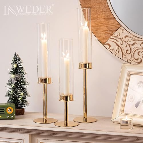 Miniatura 5 de Portavelas dorados para candelabros, portavelas cónicos con vidrio extraíble, portavelas altos de latón, soporte largo para velas para centro