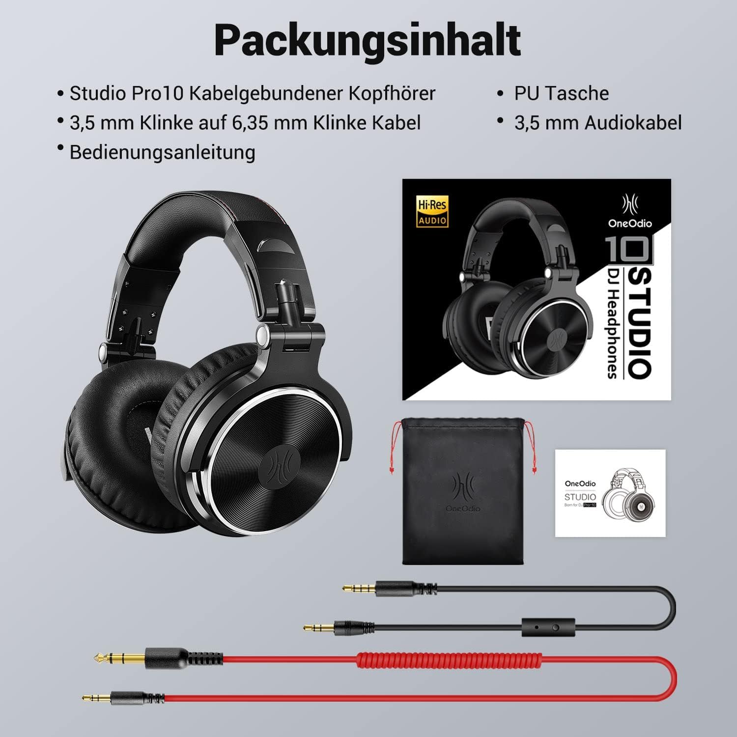 OneOdio Kopfhörer, kabelgebunden, DJ, Piano, Gitarre mit Mikrofon, Hi-Res Audio, extra Bass, leicht, Komfort, faltbar, Kopfhörer mit Share-Port, 2 Kabel – Headset für PC Studio Monitor AMP Pro-10