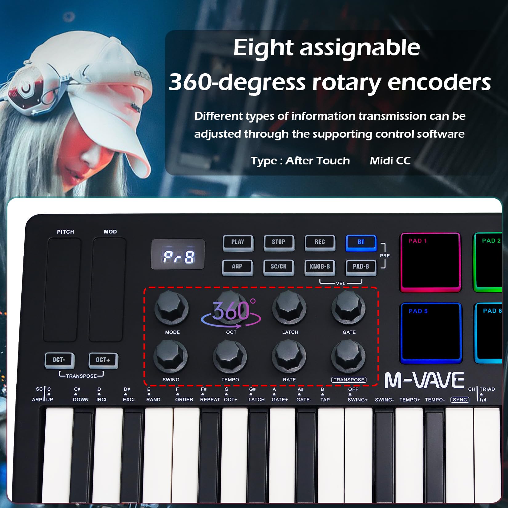 M-VAVE 25 tasti 8 retroilluminati Drum Pads Tastiera MIDI - Beat Maker professionale e Keytar per la produzione musicale Tastiera Batteria integrata Connessione wireless, Nero, MIDI 8 PADS
