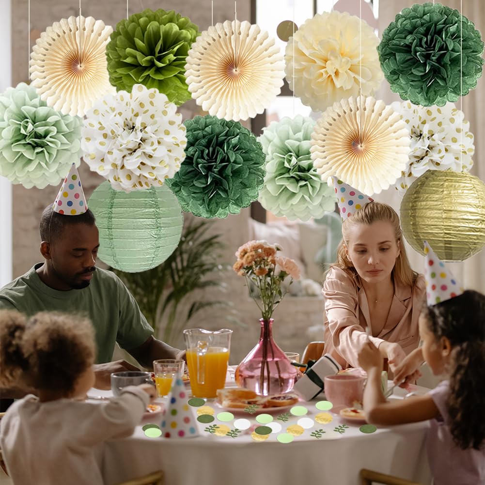 Set Pompon Lanterne Carta Decorazioni Feste Verde Salvia E Oro - Kit Con Pompon, Lanterne, Coriandoli - Per Matrimoni, Baby Shower Carta Velina Verde Salvia