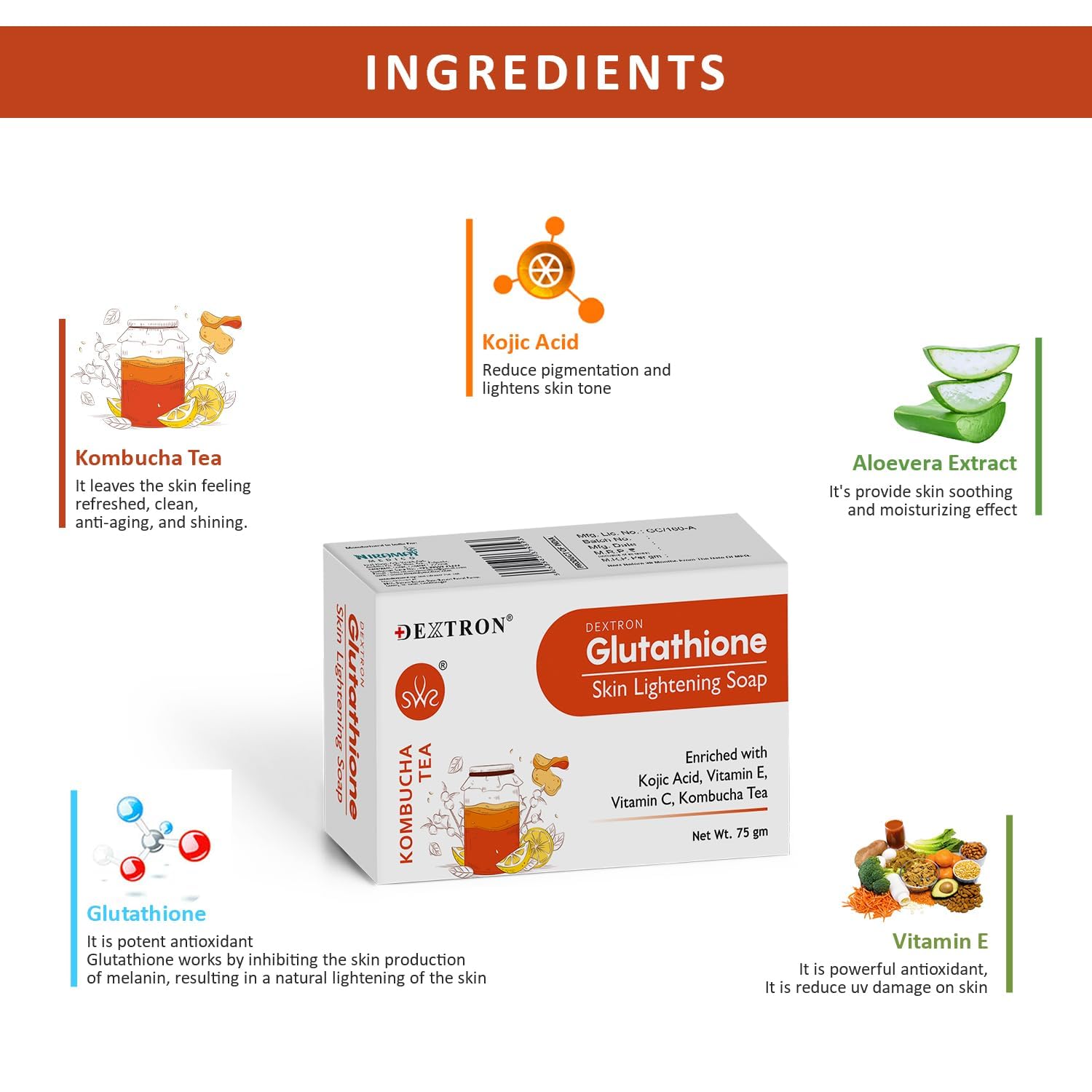 Dextron Glutathione Soap with Kombucha Tea 75gm X 3Pcs Skin Brightening Bathing Bar, Antioxidant-Infused for Clear Radiant Skin