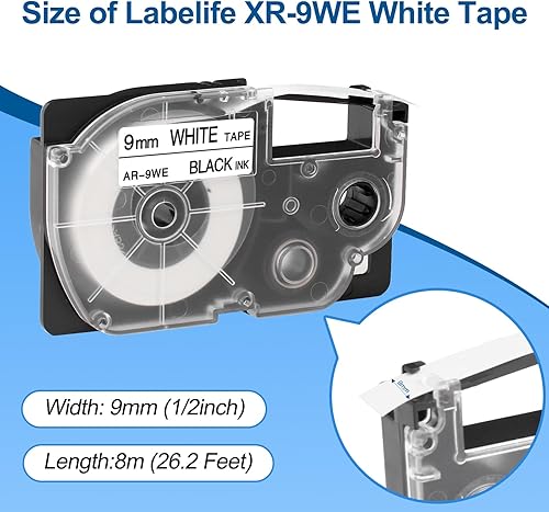 Miniatura 3 de XR-9WE Reemplazo para Casio Label It Tape 0.354 in 38'' XR-9WE XR9WE XR-9WE2S Cinta negra sobre blanca Cassette Comaptible Casio EZ impresora de
