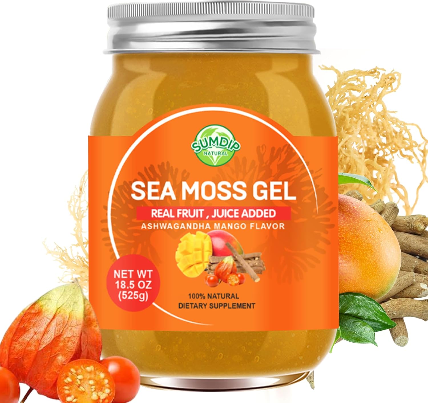 Sea Moss Gel, Raw Flavored Irish Seamoss Gel Immune and Digestive Support Vitamin Mineral Supplements, Ashwagandha Mango Flavor 18.5oz