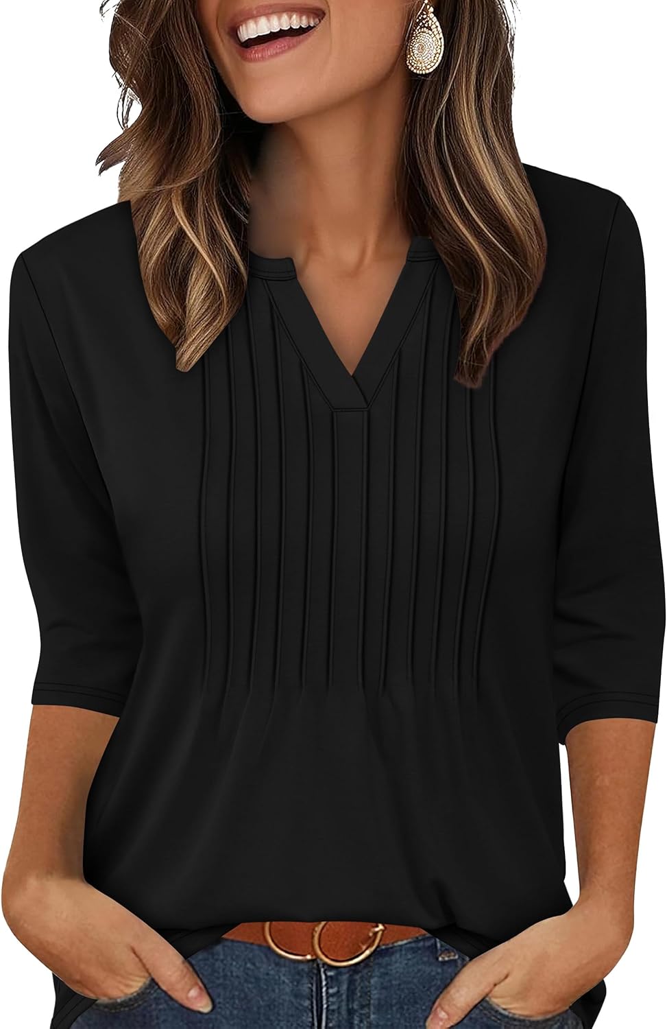 XIEERDUO Womens 3/4 Sleeve Tops 2026 V-Neck Summer Outfits Casual Pleated Shirts Blouses Beach Vacation Spring Clothes - Image 2