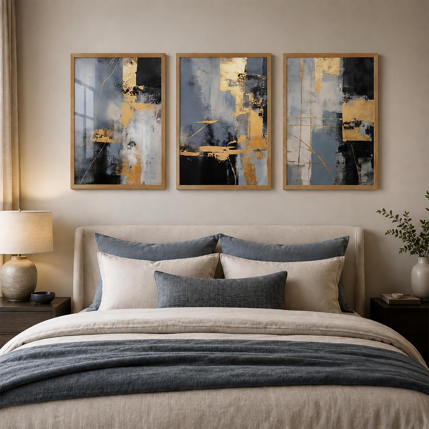 3 Pcs Framed Abstract Wall Art Modern Black Gold Blue Gray Canvas Prints Minimalist Geometric Wall Decor for Living Room Bedroom Dining Room Office 16x24 Inch Ready to Hang