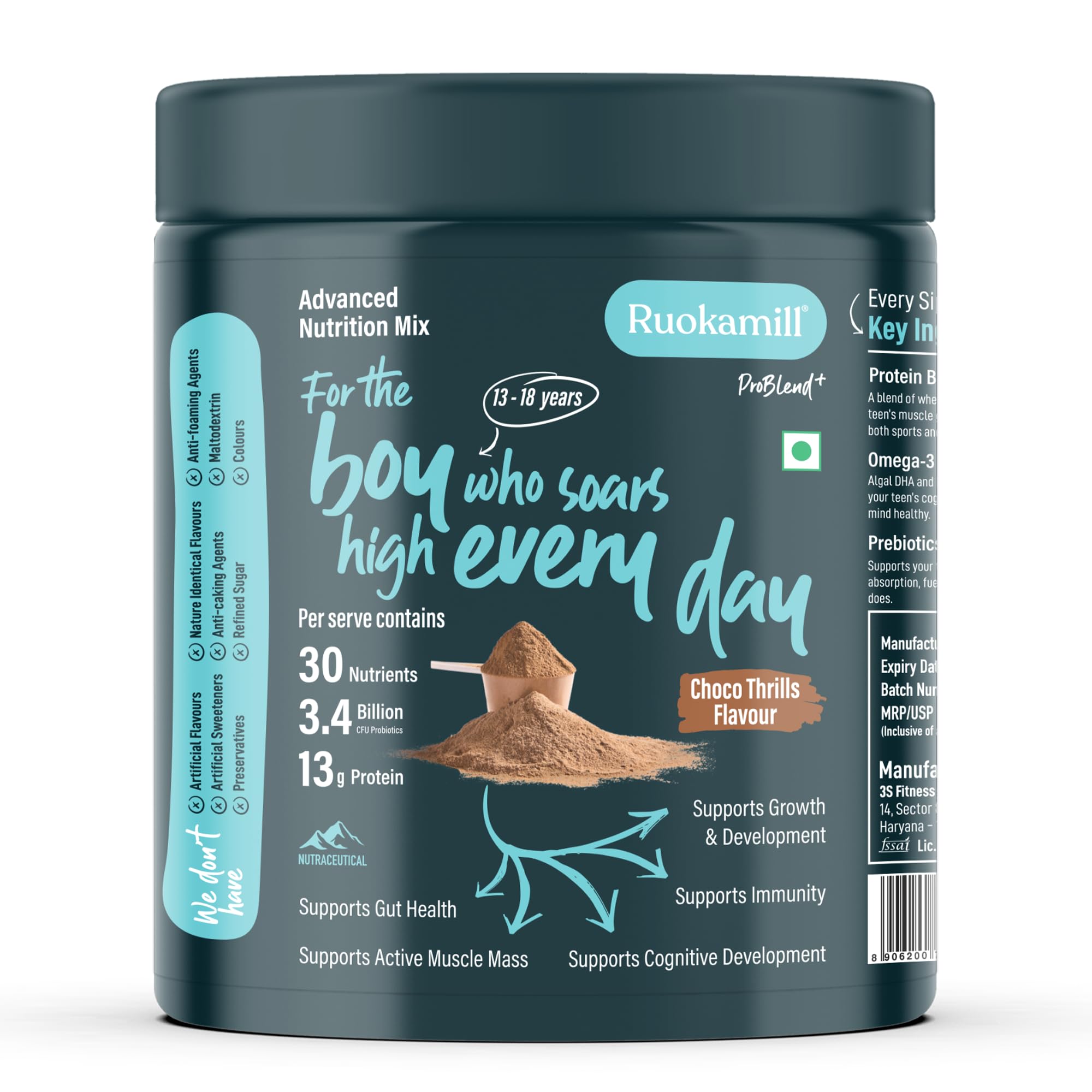 Ruokamill Teen Boys Nutrition Mix | Age 13–18y | Supports Growth, Sports performance, Focus & Immunity | 30 Nutrients, 13g Protein, Omega-3, 3.4B CFU Probiotics | No Refined Sugar | (825g, Chocolate) — Amazon image 10