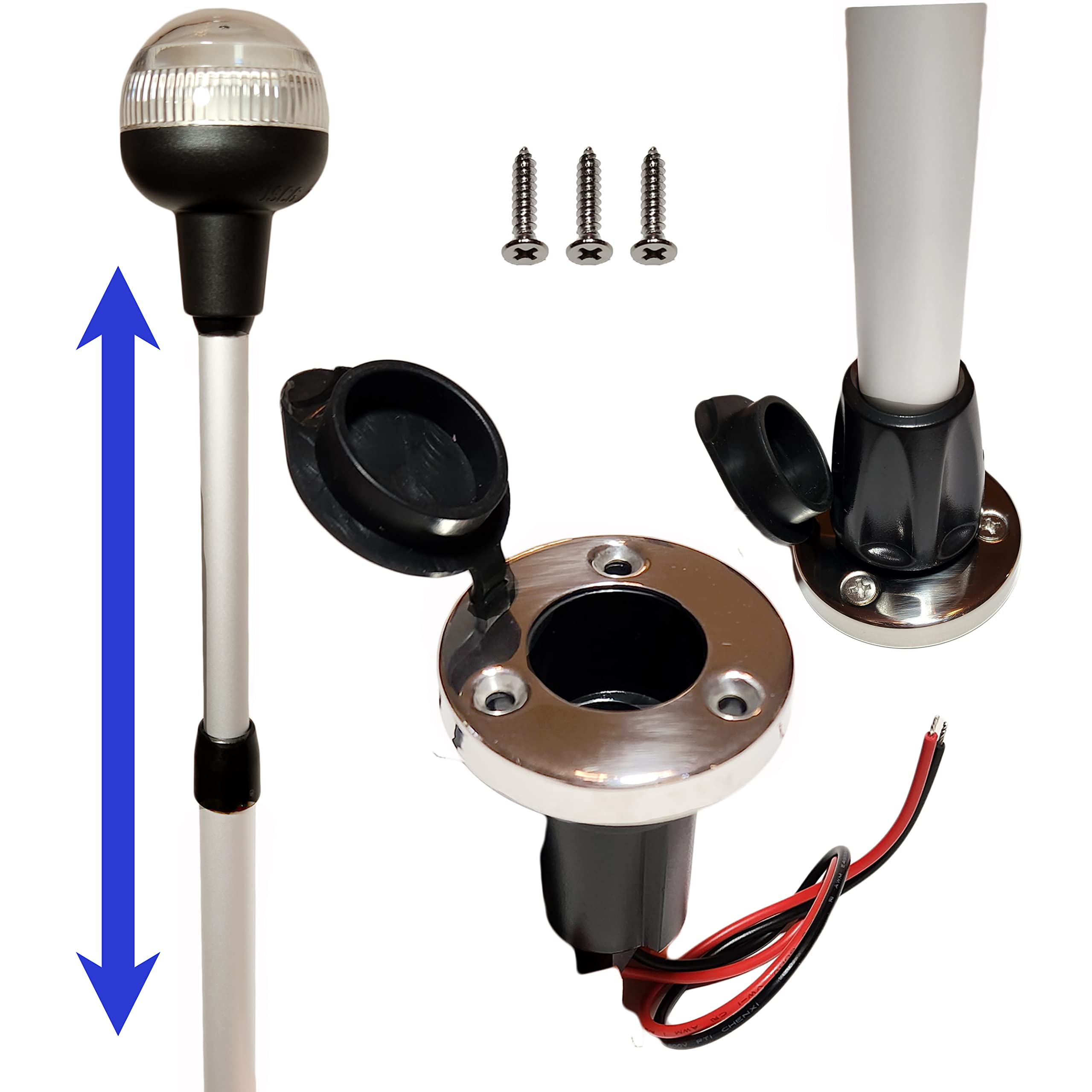 ADJUSTABLE Telescoping All-Around Anchor Light With Stainless Base | LED Boat Pole Aft Stern Navigation USCG 2NM | 12 Volt DC | 360 Night Nav Waterproof 28"-42"