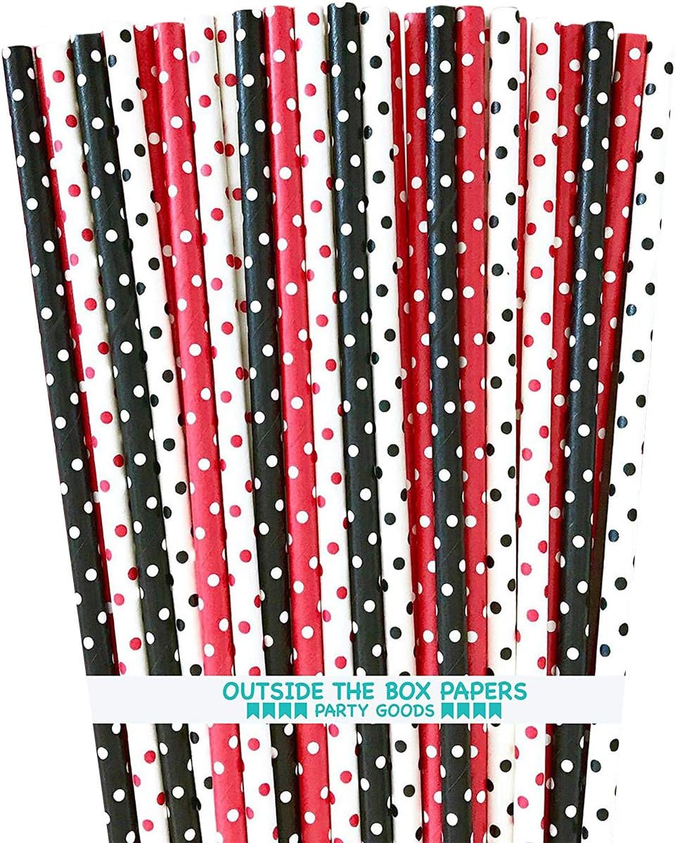 Paper Drinking Straws - Black Red and White Polka Dot - Ladybug Theme - 7.75 x .25 Inches - 100 Pack - Outside the Box Papers Brand