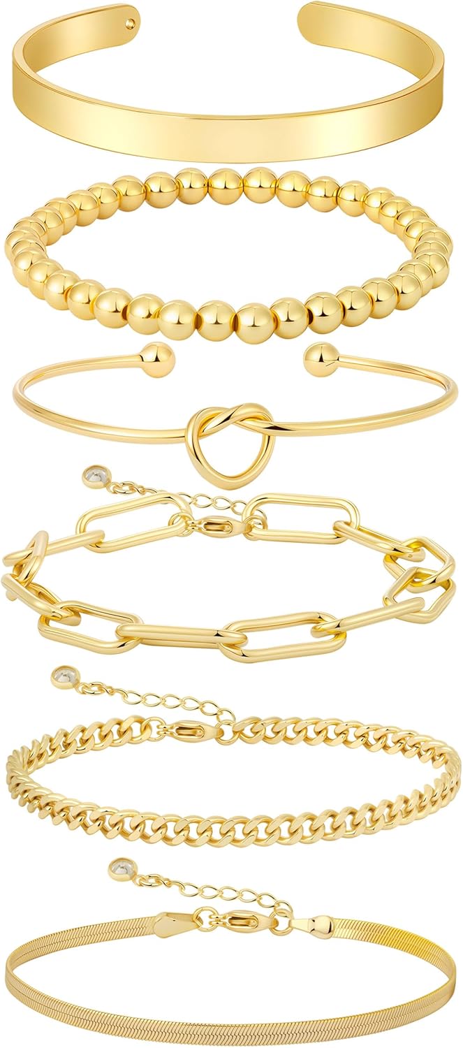 Gold Bracelets for women 14K Gold Bangle Bracelet Stack – Adjustable Waterproof Trendy Bracelets Gold Filled Stacks Bangles Link Chain Gold Bracelet Non Tarnish for Women Collection Jewelry Gifts