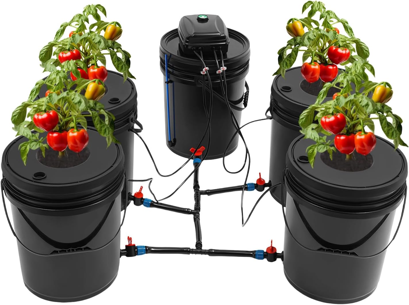 5 Round Buckets Hydroponic System, Deep Culture Growing Kit Soilless Cultivation Planting Box with Pump, Garden Cabinet Box Air Stone and Water Level Device, Each 5 Gallon, PP Black
