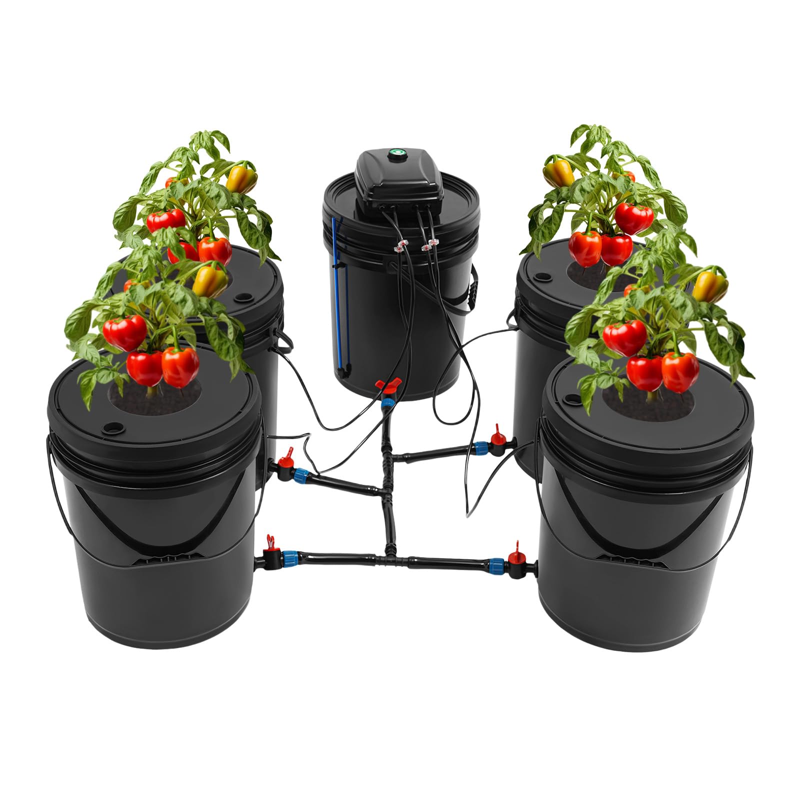 5 Round Buckets Hydroponic System, Deep Culture Growing Kit Soilless Cultivation Planting Box with Pump, Garden Cabinet Box Air Stone and Water Level Device, Each 5 Gallon, PP Black