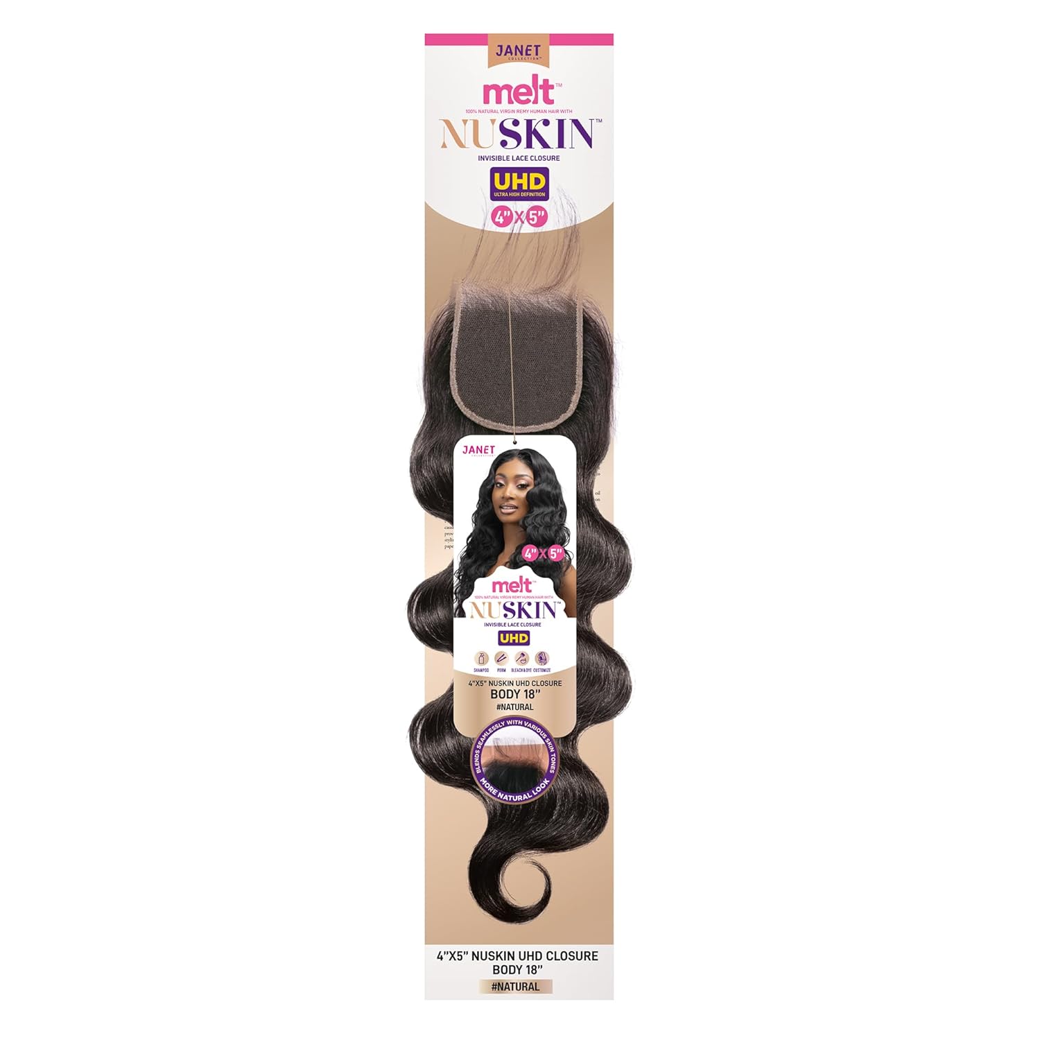 Janet Collection Natural Virgin Remy Human Hair MELT 4X5 NUSKIN UHD LACE CLOSURE BODY 10"-613