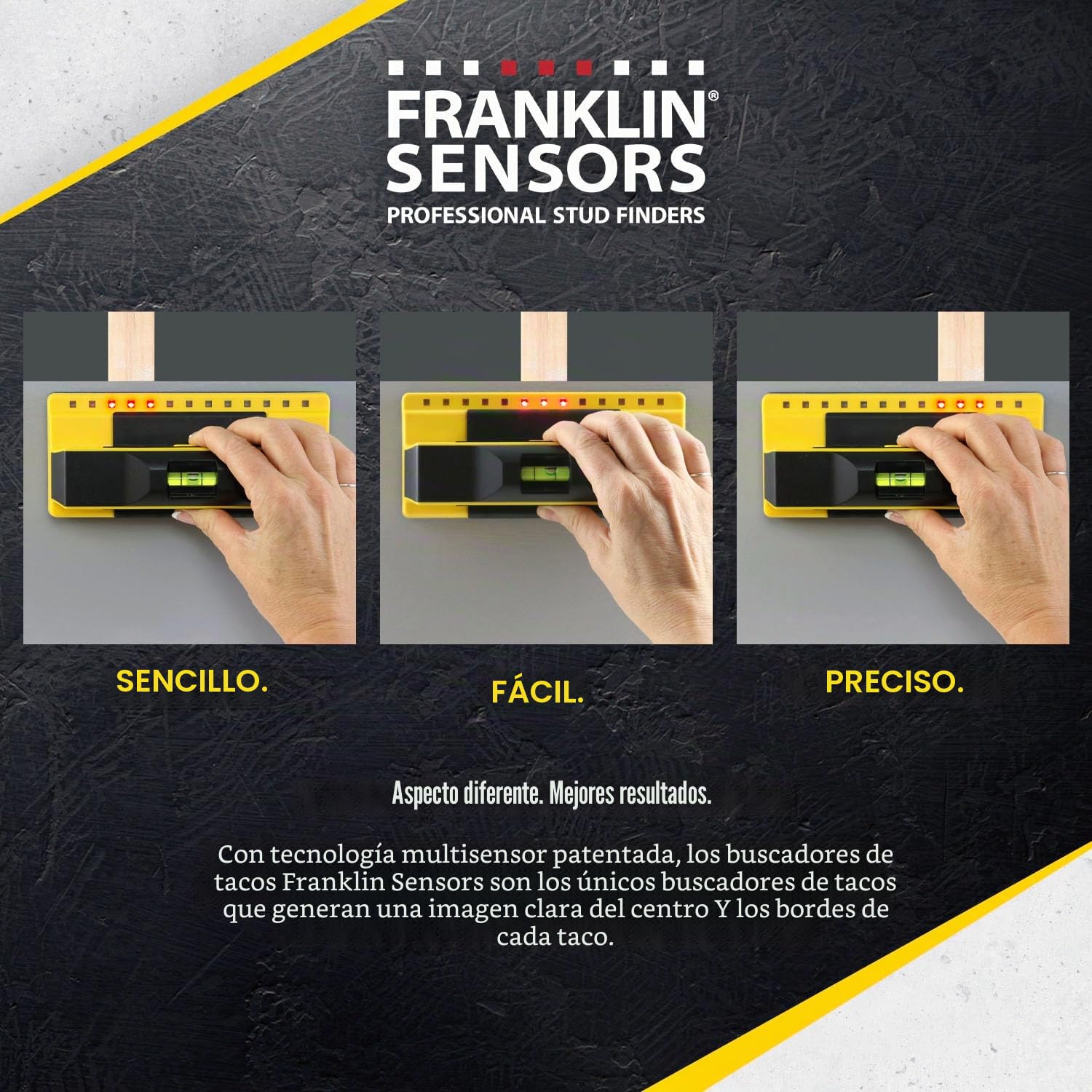 Franklin Sensors FS710PRO ProSensor 710+ Buscador de pernos profesional con 13 sensores para la más alta precisión, detecta pernos de madera y metal con alta velocidad, amarillo