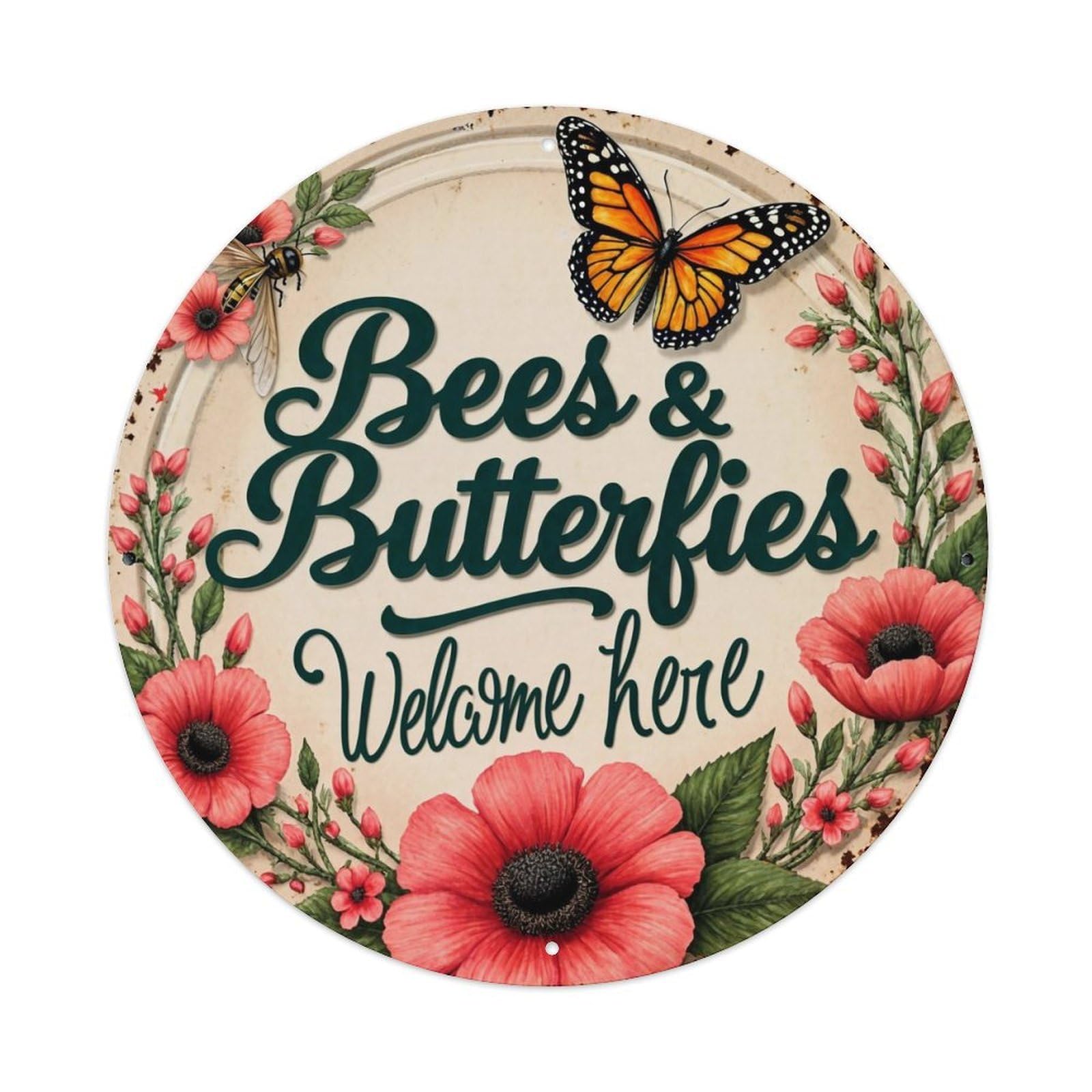 Bees Butterflies Flowers Welcome Here Metal Tin Sign Plaque
