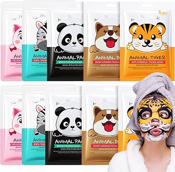 Face Masks Skincare- 6 Sheet Animals Face Mask Moisturizing And Smoothing Face Mask Gift Set Improve Dullness & Brighten- Face Masks Gifts For Kids Teenage Girls 10pcs