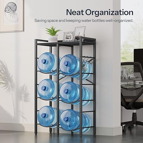 Miniatura 3 de HOOBRO Soporte para jarra de agua de 5 galones, 6 botellas, estante para jarra de agua, soporte para botellas de agua de 3 niveles con refuerzo en