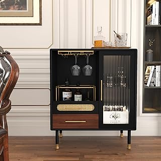ARTPOWER Modern Coffee Bar Cabinet with Wine Glass Rack and Drawers, Black Liquor Cabinet with Pull-Out Wine Storage for K...