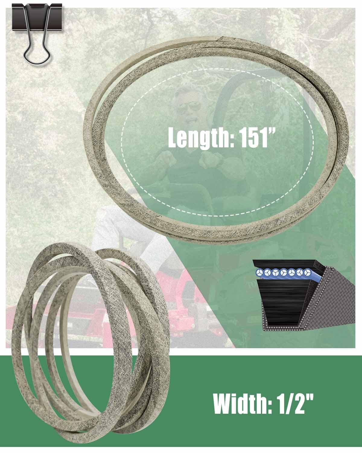Correa de cubierta de 1/2 x 151 pulgadas para Snapper 5023256 5023256SM John Deere M152398 Ferris 23256, correa de transmisión para cortacésped hecha con Kevlar