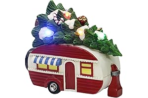 MOMENTS IN TIME Christmas Tabletop Decor with LED Lights, Vintage Red Truck/Camper with Christmas Tree