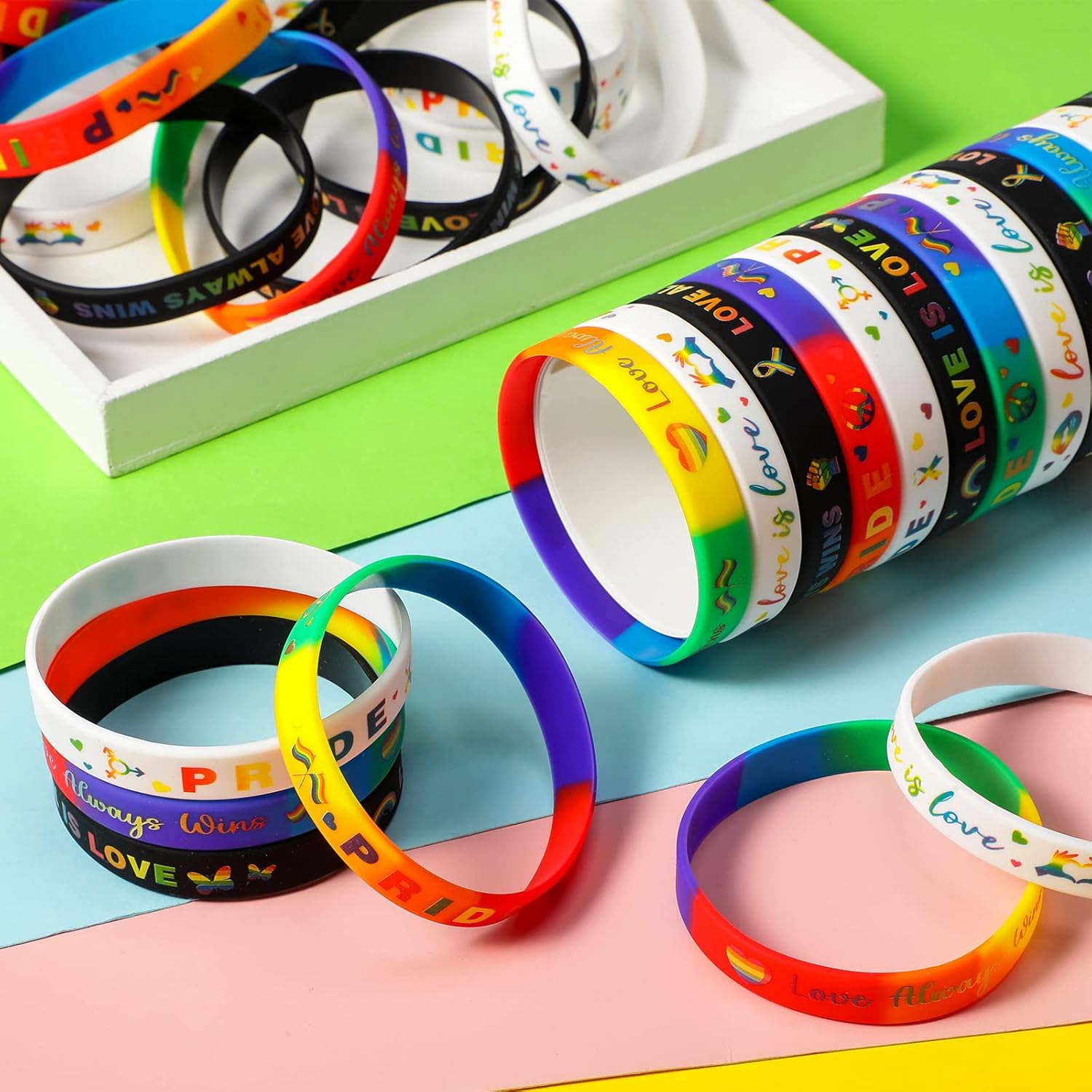 96 Pieces Pride Rainbow Bracelets Pride Silicone Wristbands LGBT Rainbow Rubber Bracelets for Gay and Lesbian LGBTQ Party Parades Gifts Supplies, 6 Design - Image 4