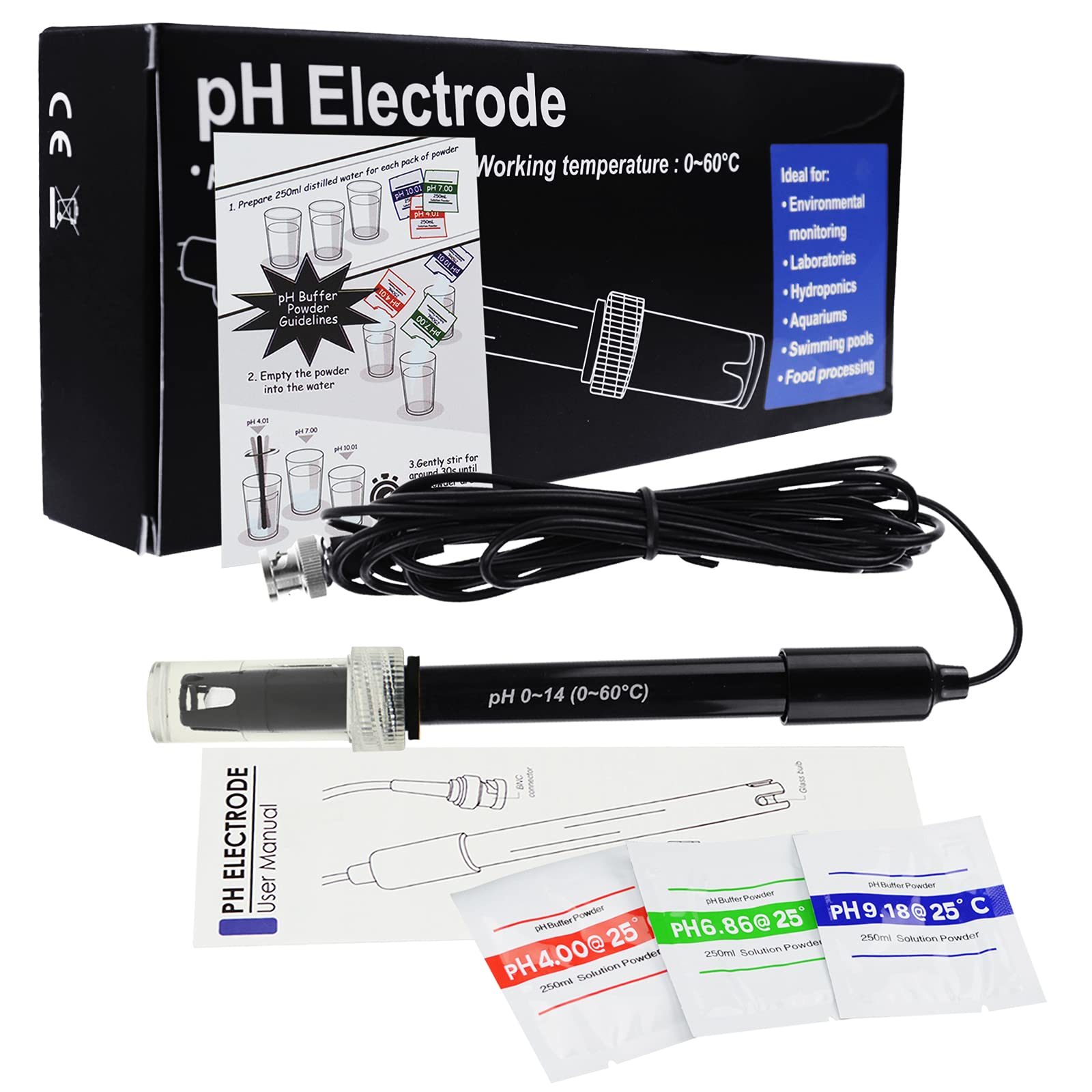 Cable Electrodo Sonda de pH Reemplazable 300 cm, 0-14 pH, Conector BNC, 3 Paquetes de Polvo de Calibración