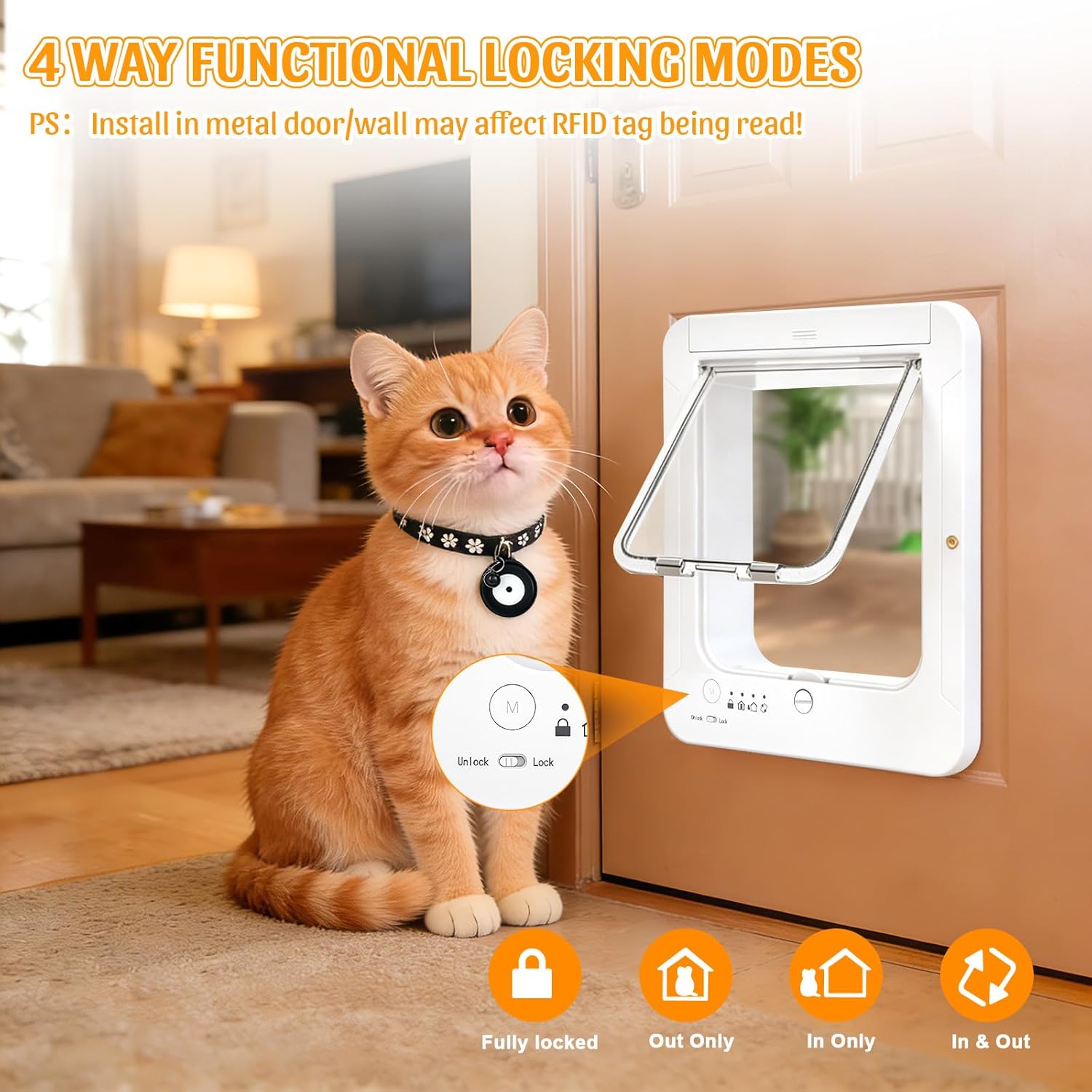 Smart Cat Door with 4 Collar Sensor Key, RFID Cat Door Collar Activated with Remote Control, 4 Way Locking Cat Flap Automatic Pet Door Interior & Exterior(Brown)