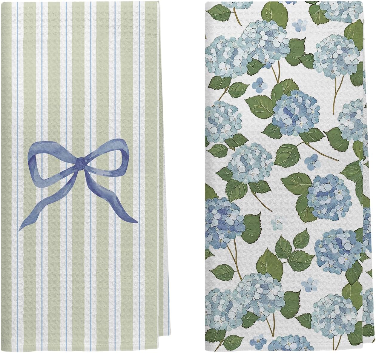 Inspirational Coquette Blue Bow Hydrangea Floral Kitchen Dish Towels, Sage Green Striped Flower Decorative Hand Towels for Bathroom Kitchen, Floral Bathroom Decor, 16x24 Inch Set of 4