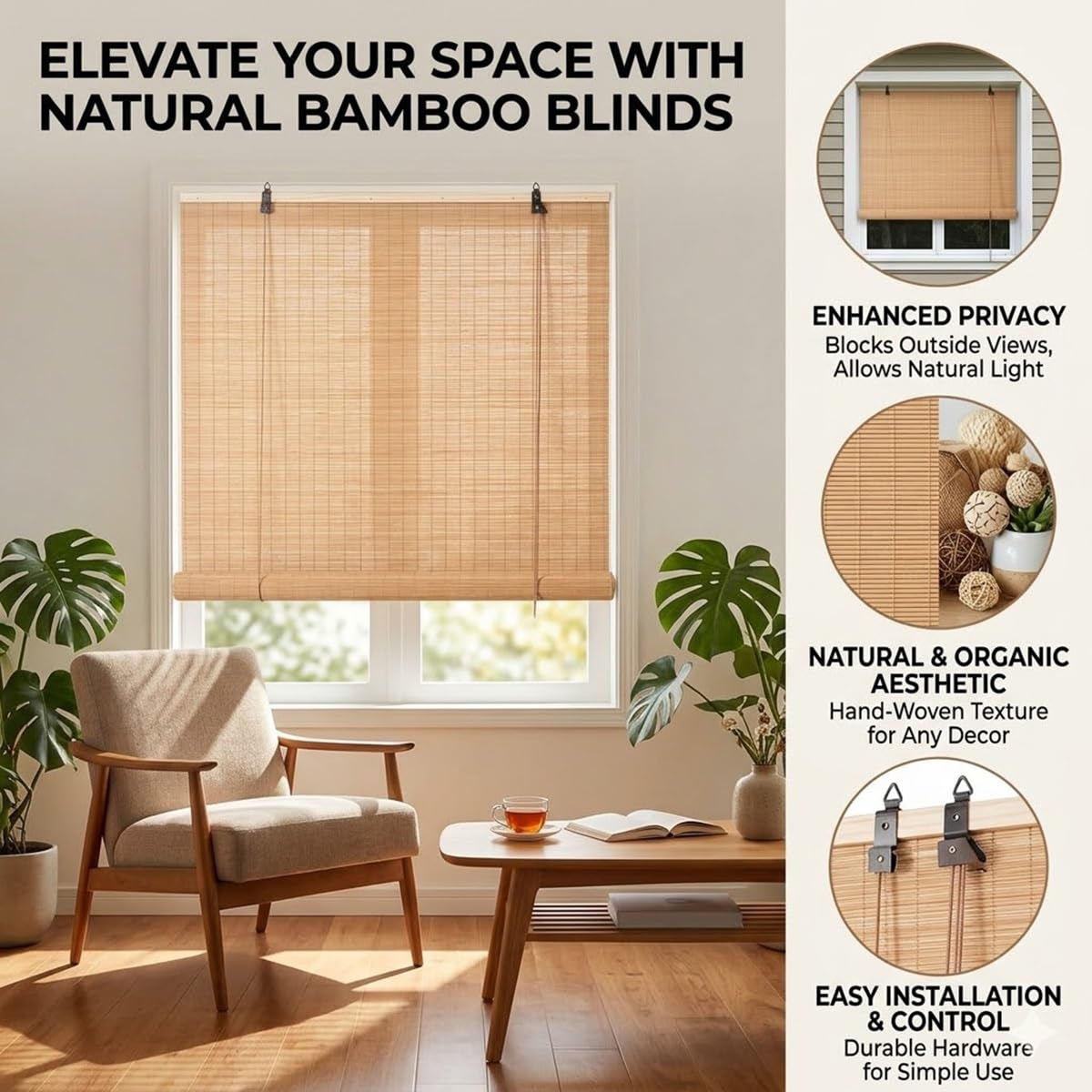 Tenda a Pacchetto in Bambù, Veneziane da Interno Oscuranti in Legno, Tenda a Rullo per Finestre, Protezione Solare per Camera da Letto, Tapparella Privacy(Verde,W150xH300cm)