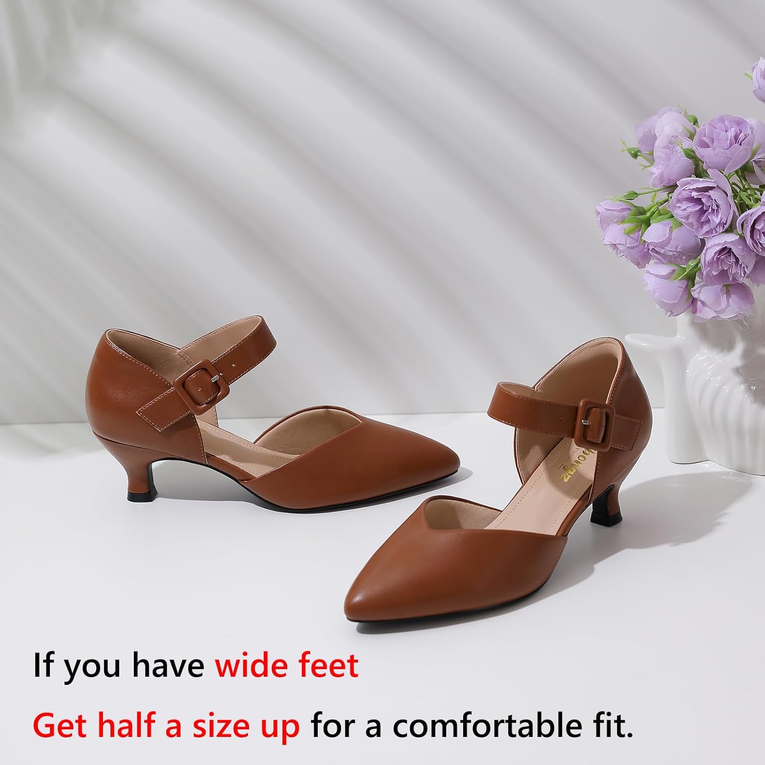 RIBONGZ Comfortable Kitten Heels for Women Pointed Closed Toe Ankle Strap Buckle Heels Slip on Low Heel Church Pumps Wedding Bridal Party Dressy Shoes - Image 4