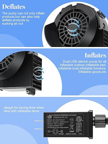 Miniatura 5 de Kalolary Soplador de aire de repuesto de 1.5 A para inflables, ventilador inflable con adaptador de 12 V2 A y 5 luces LED, juego de ventilador