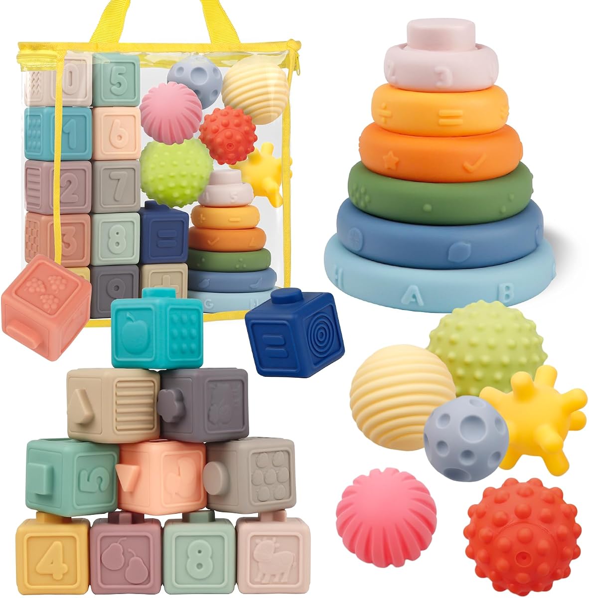 Montessori Baby Toys 18M+, 24pc Stacking Rings, Soft Blocks & Sensory Balls | Food-grade silicone, BPA-free, CPSIA & ASTM F963 tested; 3-in-1 teething play set; gift-ready for baby showers & birthdays