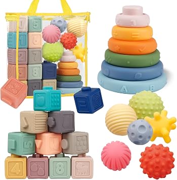 IFLOVE Montessori Baby Toys 6-12 Months, Stacking Rings Soft Blocks & Balls | Food-grade silicone, BPA-free, CPSIA & ASTM F963 tested; 24pc 3-in-1 teething & sensory set; baby shower & 1st birthday gift