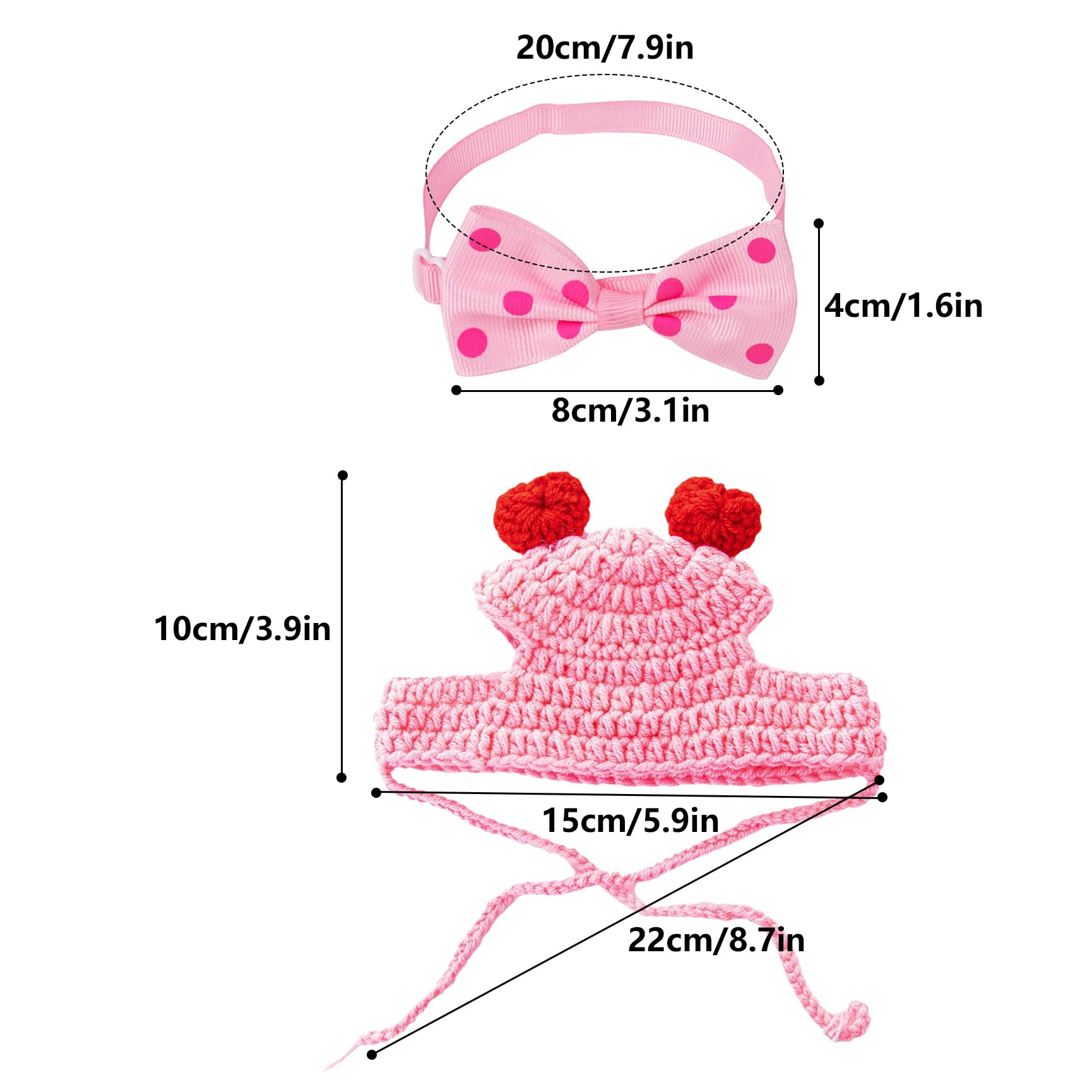 Qaziuy Dog Bow Tie & Hat Set for Small Dogs Valentine's Day Costume Accessories, Pink, Cartoon, Polyester & Wool - Image 2