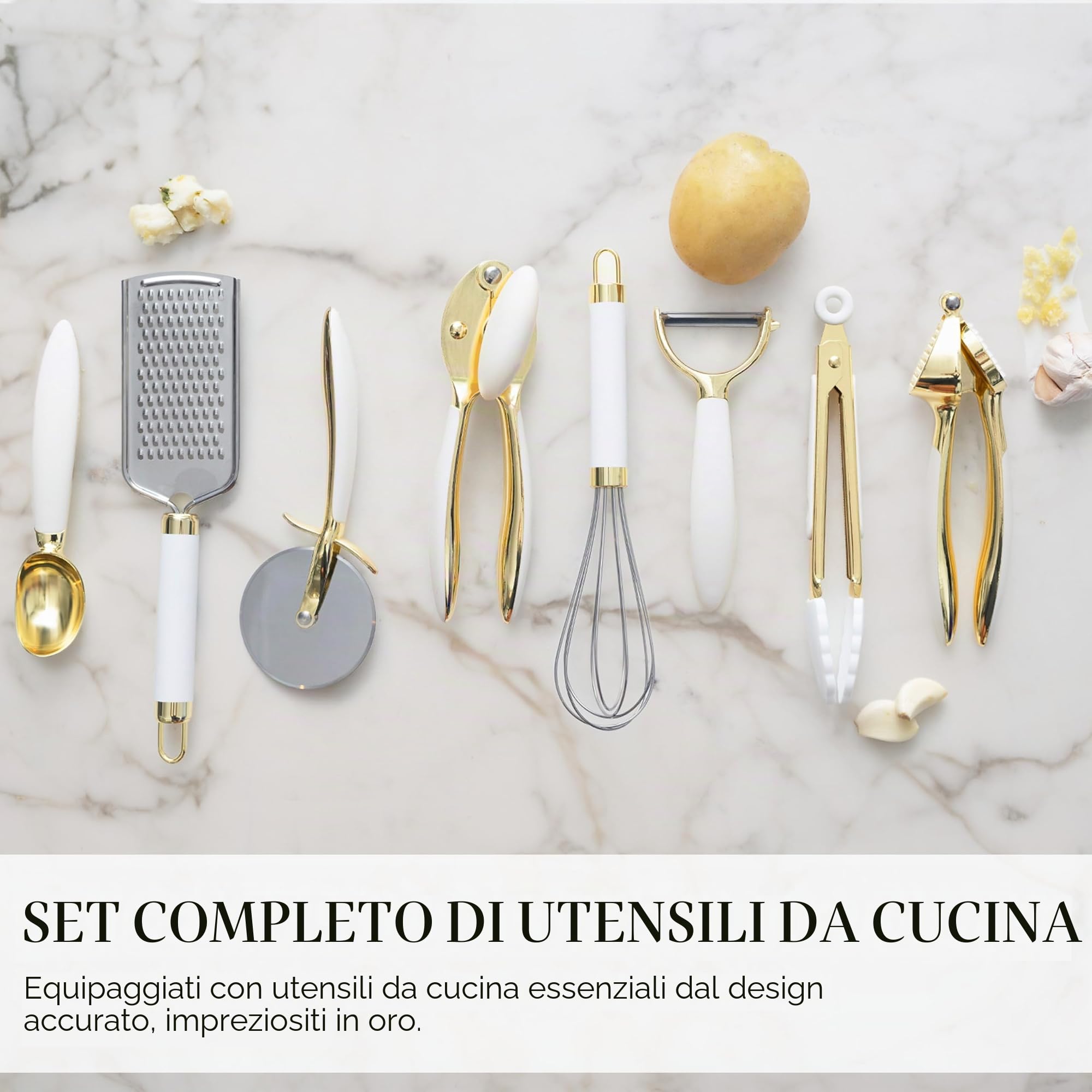 Styled Settings Set di utensili da cucina bianchi e dorati, 8 pezzi | Il set di utensili da cucina include apriscatole, pinze e spremiaglio, accessori da cucina bianchi e oro per la cucina