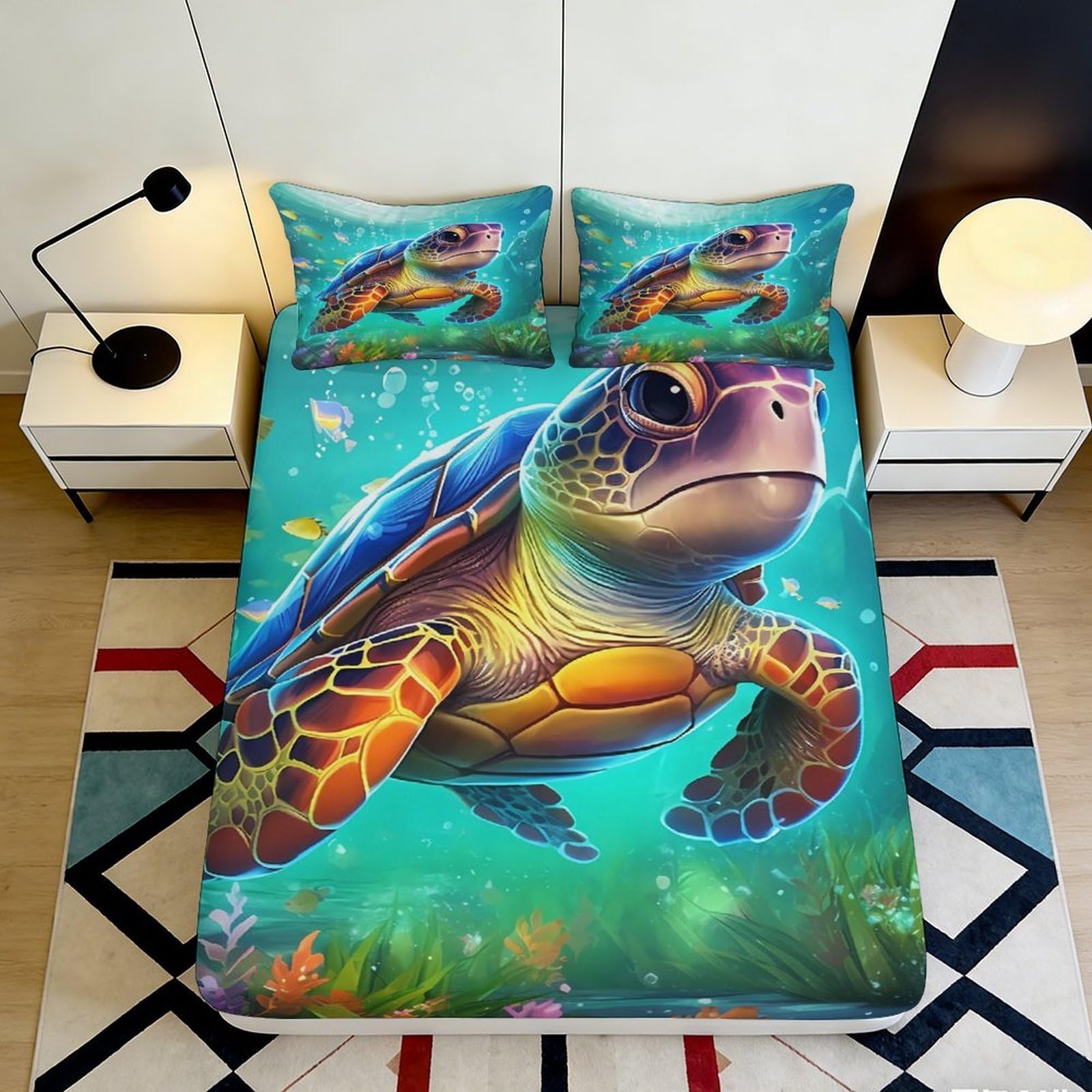 3D Printed Sea Turtle Fitted Sheet Microfiber Soft Mattress Cover Underwater Ocean Design for Bedroom Dorm Mattress Protection Decor 140x200x25cm