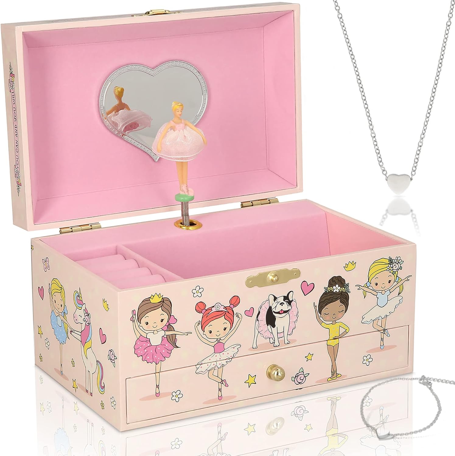 Ballerina Musical Jewelry Box for Girls - Glow In The Dark - Organizer with Heart Necklace and Bracelet Set - Cute Ballerina Music Box for Little Girls