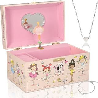 Ballerina Musical Jewelry Box for Girls - Glow In The Dark - Organizer with Heart Necklace and Bracelet Set - Cute Ballerina Music Box for Little Girls