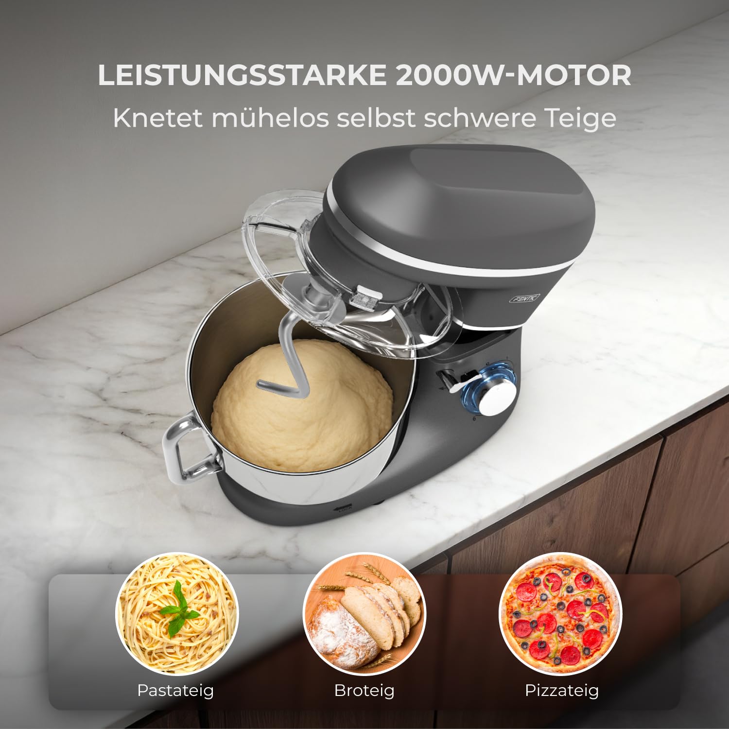 Küchenmaschine - 2000W - Edelstahl Rührschüssel (6,2 L) - Knetmaschine mit Rührhaken, Knethaken, Schlagbesen und Spritzschutz - Inkl. zusätzlichem Zubehör - Anthrazit